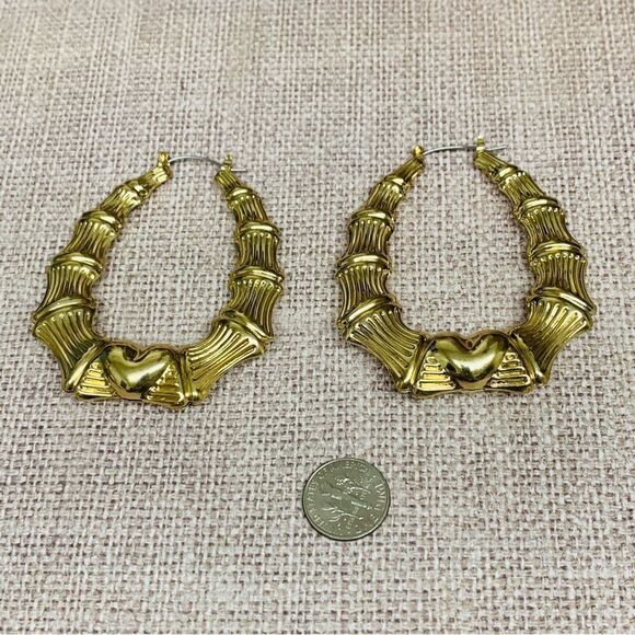 Gold Hollow Large Bamboo Heart Hoop Earrings - Picture 1 of 2